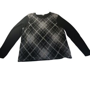 J.Jill Argyle Sweater Wool Blend Black Gray XL‎ Pullover Knit Fall Layering